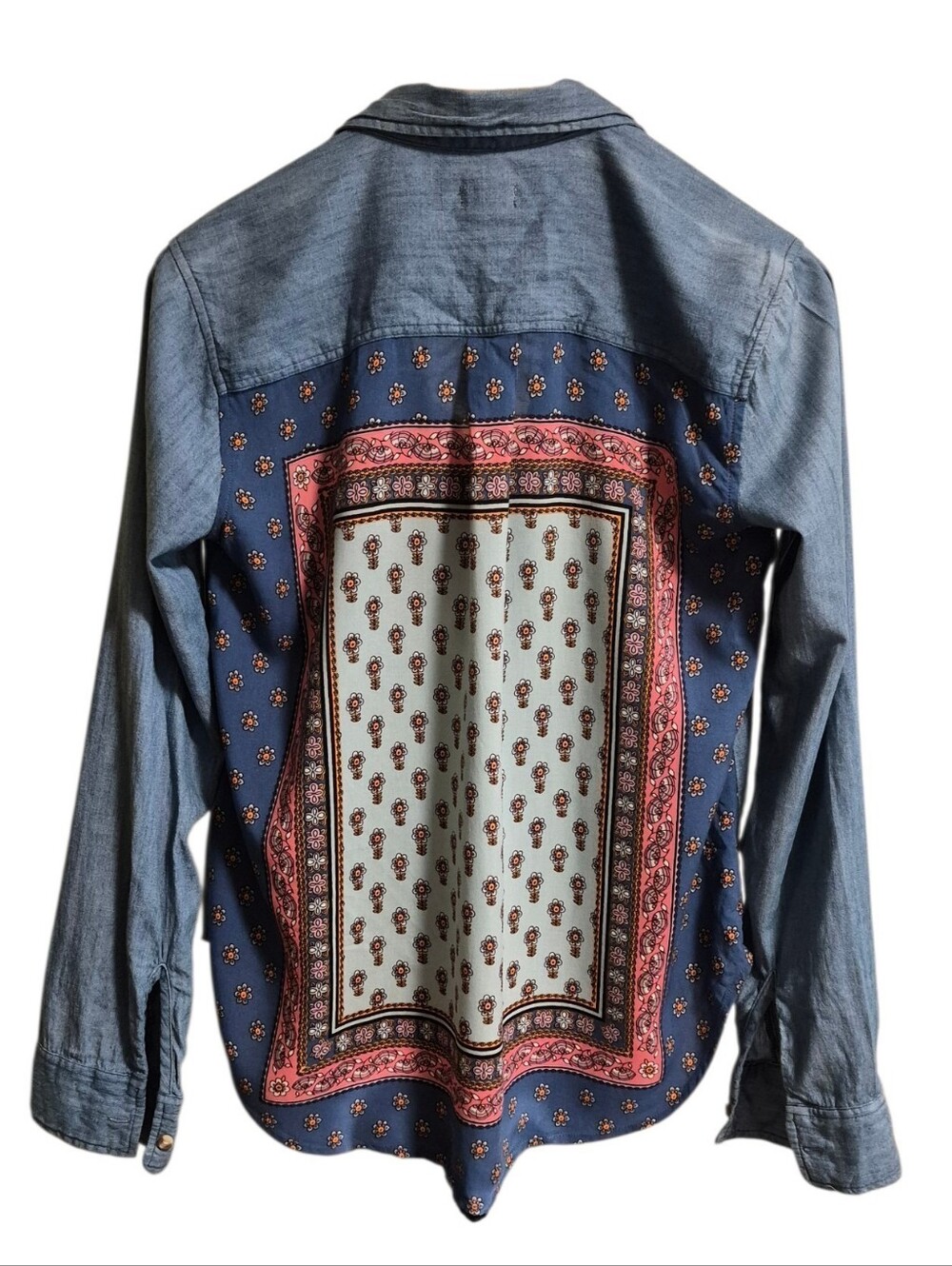 Hollister Women's Chambray Boho Floral Panel Button Down Shirt - Size Small